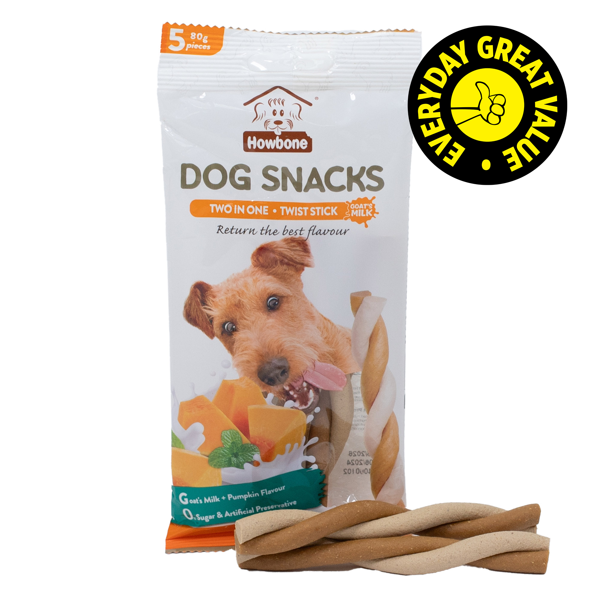 Howbone Dog Snacks 2n1 Twist Stick Goat s Milk Pumpkin Flavour 80g Dogs Product